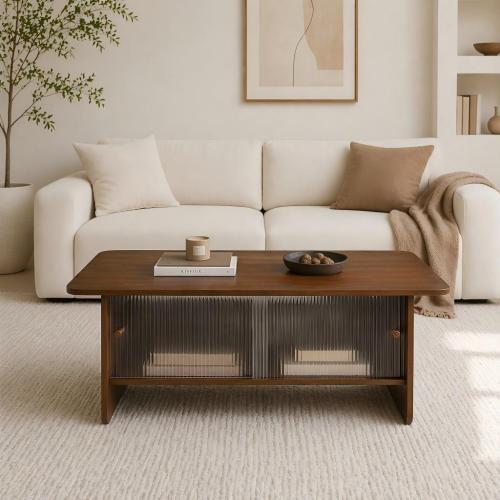 47inch  Rectangular Coffee Table with Fluted Glass Doors, Walnut