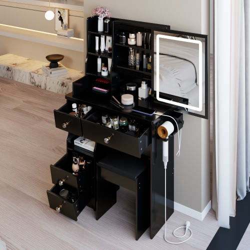 29.2" Small Size Left Drawer Desktop Vanity Table + Cushioned Stool, 2 AC+2 USB Power Station, Hair dryer bracket, Extra Large Touch Control Sliding LED Mirror, Tri-color Switching, Brightness Adjust