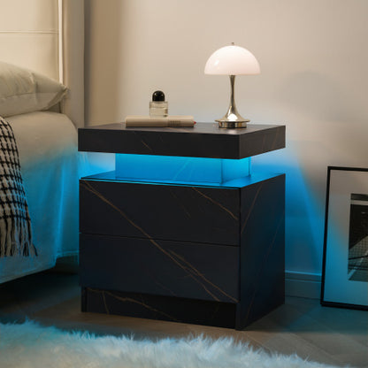 Nightstand LED Bedside Table Cabinet Lights Modern End Side with 2 Drawers for Bedroom (Black Gold)