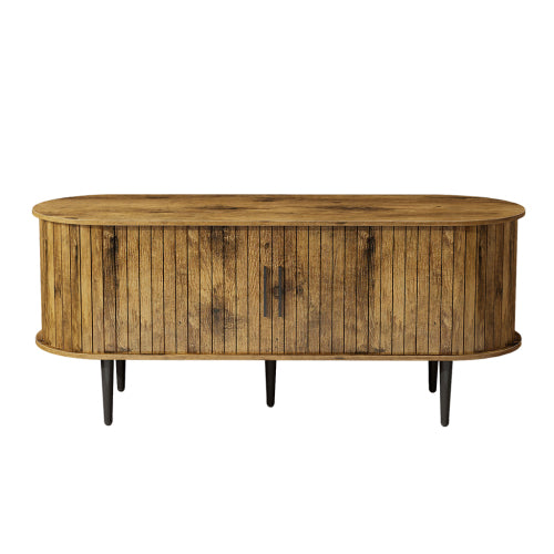 47 Inch Brown Mid-Century Fluted Sliding Door TV Console MDF Entertainment Center with Metal Legs