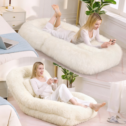 Beige 5-Position Adjustable Human-Size Floor Sofa Bed, Plush Faux Fur