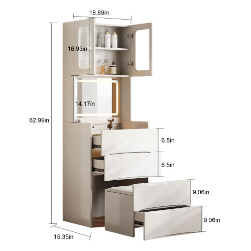 3-in-1 Vanity Table with LED Mirror & Storage Stool, Flip Top Makeup Desk, 5 Storage Spaces, Adjustable Lights, White