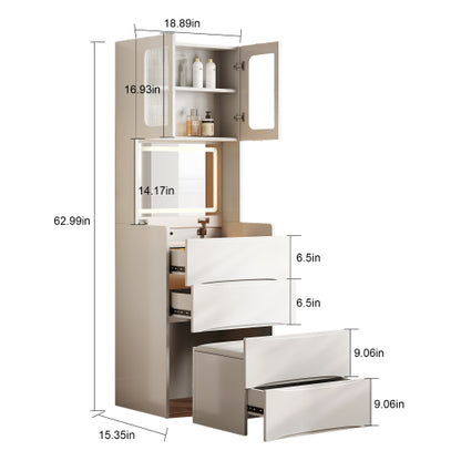 3-in-1 Vanity Table with LED Mirror & Storage Stool, Flip Top Makeup Desk, 5 Storage Spaces, Adjustable Lights, White