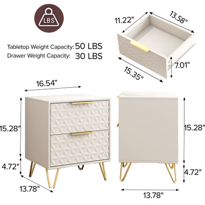 set of 2 nightstand with Light-Luxury Wall-Mounted Cabinet: 2 Drawers, Bottom support rail , Gold Legs & Handles, 3D Embossed, for Bedroom/Living Room/Office