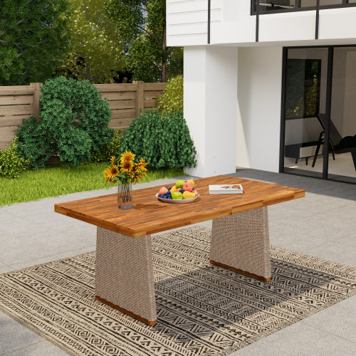 Outdoor Acacia Wood Dining Table,Teak Finish+ Brown Wicker