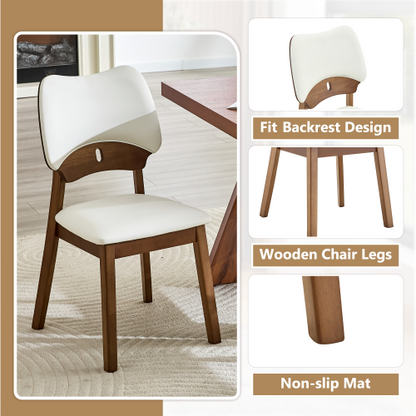 Set of 2 Walnut Wood Dining Chairs, White PU Upholstered Hollow Back Kitchen Chairs