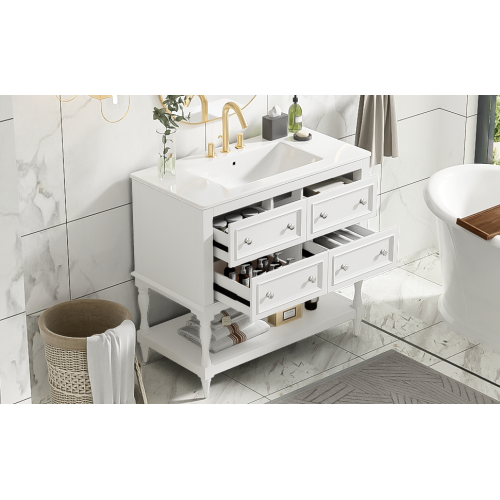 36" Bathroom Vanity Cabinet with Sink Combo Set, Undermount Ceramic Sink, Free Standing Vanity Set with 4 Drawers, Solid Wood Frame Bathroom Cabinet, White