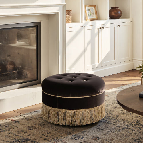 24 inch Round Upholstered Accent Ottoman, Deep Brown Performance Velvet Round Decor Stool