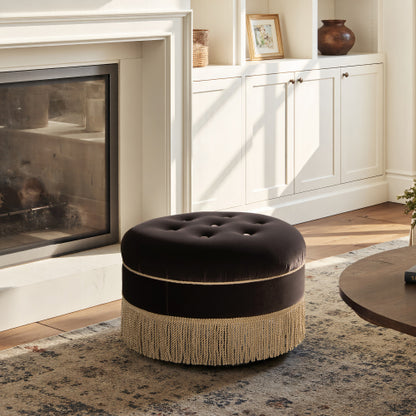 24 inch Round Upholstered Accent Ottoman, Deep Brown Performance Velvet Round Decor Stool