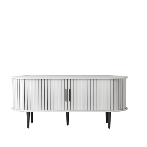 47 Inch White Mid-Century Media Console Fluted Sliding Door MDF TV Stand with Metal Support Legs