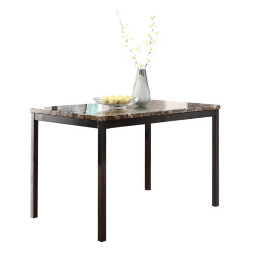 5-Piece Black Metal Dining Set, Faux Marble Top Table & 4 Dark Brown Faux Leather Chairs