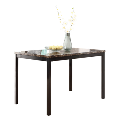 5-Piece Black Metal Dining Set, Faux Marble Top Table & 4 Dark Brown Faux Leather Chairs