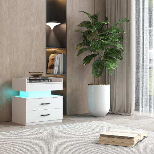 LED Nightstand with 2 Drawers and Adjustable Light Strip, Modern Bedside Storage Table