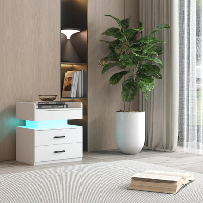 LED Nightstand with 2 Drawers and Adjustable Light Strip, Modern Bedside Storage Table
