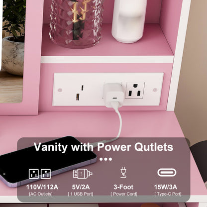 Pink Small LED Vanity Desk, Built in USB?AC Outlet, Hair Dryer Stand, Hidden Storage & Padded Stool