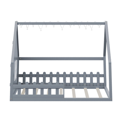 Full Size Wood House Bed with Window and Fence, Gray