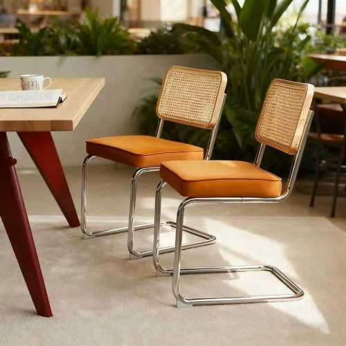 Set of 2 Orange Velvet Rattan Cantilever Dining Chairs, Chrome Tubular Steel Breuer Stackable Side Chairs