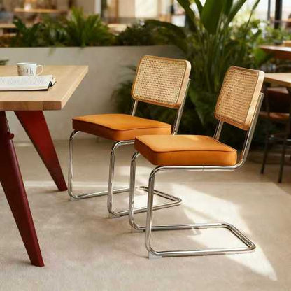 Set of 2 Orange Velvet Rattan Cantilever Dining Chairs, Chrome Tubular Steel Breuer Stackable Side Chairs