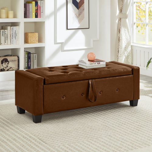 Brown Tufted PU Faux Leather 48 inch Storage Ottoman Bench, Entryway & Bedroom Shoe Bench