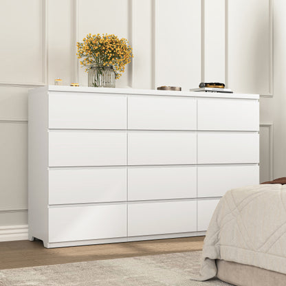 12 Drawers Double Dresser, Modern Wood Dresser Chest of Drawers with Large Storage Space for Bedroom, White