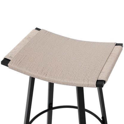 Counter Height Bar Stools Backless Handwoven Kitchen Dining Chairs with Round Footrest Set of 2 PVC Weaving Pub Stool for Indoor & Outdoor (Black & Creamy White)