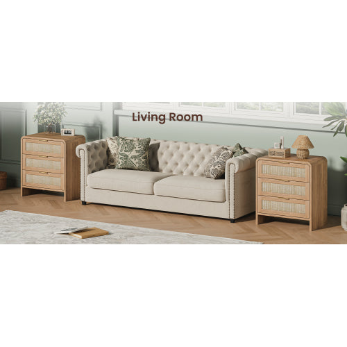 Rattan Nightstand with 3 Drawers, 22.8inch  Wide Curved Wooden Bedside Table, Modern Storage for Bedroom, Caramel Oak.