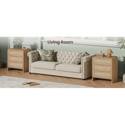 Rattan Nightstand with 3 Drawers, 22.8inch  Wide Curved Wooden Bedside Table, Modern Storage for Bedroom, Caramel Oak.