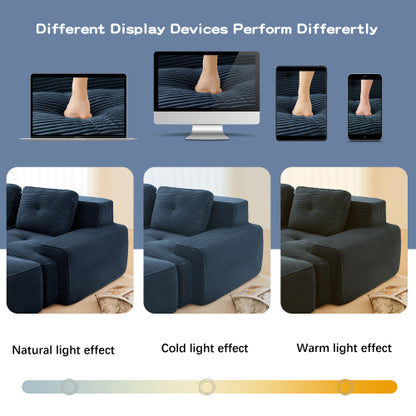 82 inch  Blue Corduroy L-Shape Modular Sofa, Movable Ottoman, No Assembly
