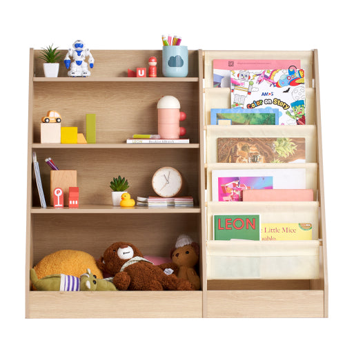 4-Tier Wooden Kids Bookshelf with Sling Book Rack for Playroom