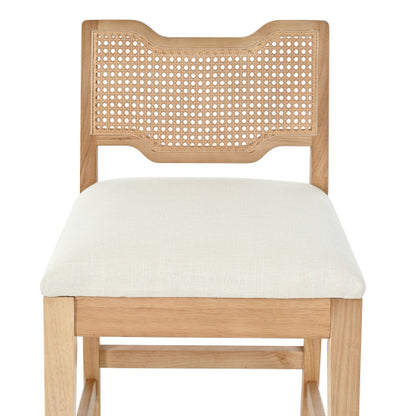 Set of 2 Natural Rubber Wood Farmhouse Rattan Back Counter Bar Stools, Beige Fabric 27.9inch  Seat Height Armless Stools