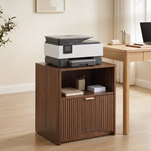 Set of 2 Walnut Mid-Century Nightstands with Charging Station