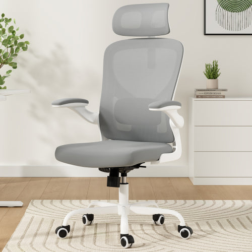 Ergonomic Office Chair, Home Office Desk Chair with Headrest, High Back Computer Chair with Armrests and Adjustable Lumbar Support for Home Office Study Room, White & Gray