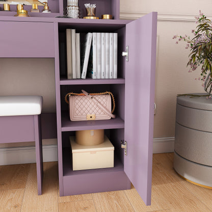 Purple Vanity Desk Set with Padded Stool & Adjustable Lighted Mirror, 8 Round Bulbs, 3 Color Modes, Modern Bedroom