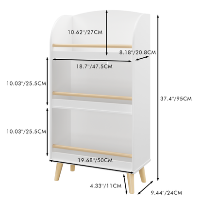 Kids 3-Tier Bookshelf and Toy Storage Organizer with Pine Legs, White