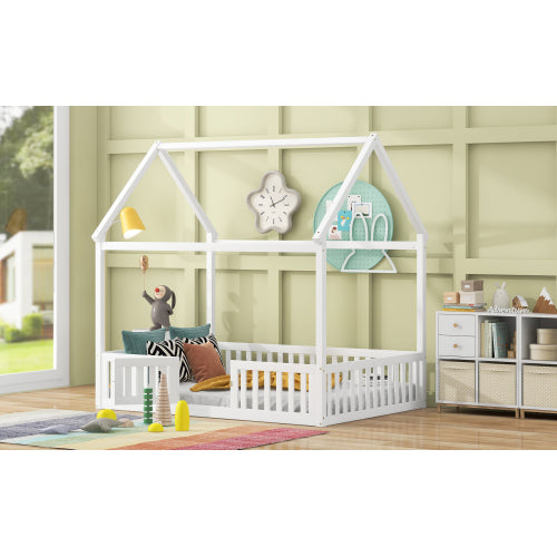 Full Size Wood House Bed with Fence and Door, White