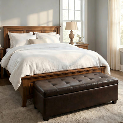 49.75 inch Brown Synthetic Leather Tufted Storage Ottoman Bench, 300 LBS Wooden Leg Entryway Footrest with Safety Hinge