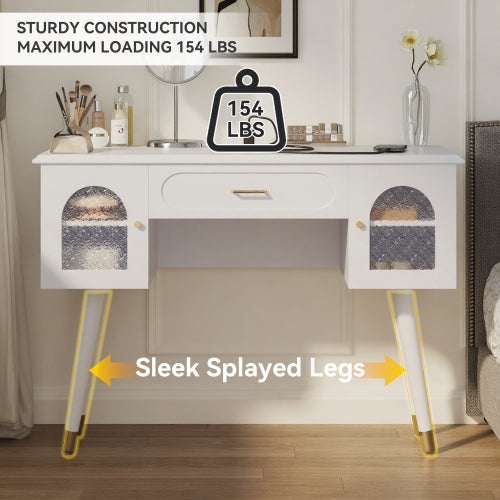 White Multi Purpose Vanity Table & Stool Set, Built in 2 Outlet & 2 USB Charging Port, Carved Glass Cabinet