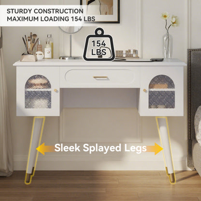 White Multi Purpose Vanity Table & Stool Set, Built in 2 Outlet & 2 USB Charging Port, Carved Glass Cabinet