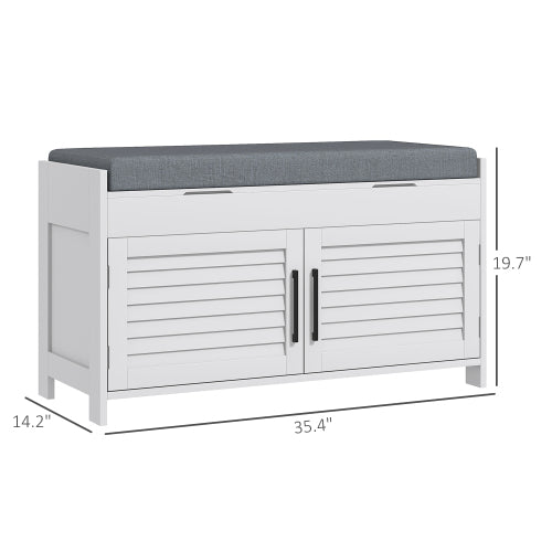 Shoe Bench, Entryway Bench with Shoe Storage, Cushion, Hidden Compartments, Adjustable Shelves and Shutter Doors, 35.4inch  Shoe Organizer for Entryway, Hallway, Holds Up to 352 lbs., White