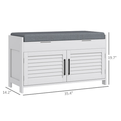 Shoe Bench, Entryway Bench with Shoe Storage, Cushion, Hidden Compartments, Adjustable Shelves and Shutter Doors, 35.4inch  Shoe Organizer for Entryway, Hallway, Holds Up to 352 lbs., White