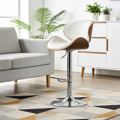 Modern Contemporary Swivel Walnut Bentwood Lift Adjustable Height Bar Stool with Curved Seat and Back (White)