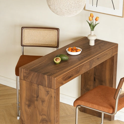 2-piece velvet bar chair combination, paired with walnut wood grain bar table, including storage function, suitable for restaurants and cafes