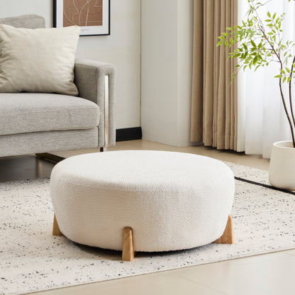 Round Boucle Ottoman, White Upholstered Footrest with Splayed Solid Rubber Wood Legs, Multifunctional Accent Stool
