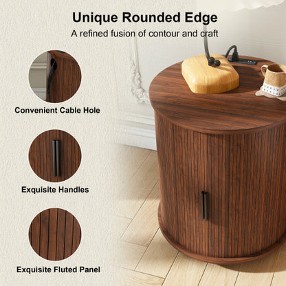 Walnut Cylinder Nightstand, Mid-Century Round Side Table with Charging Station & Sliding Door