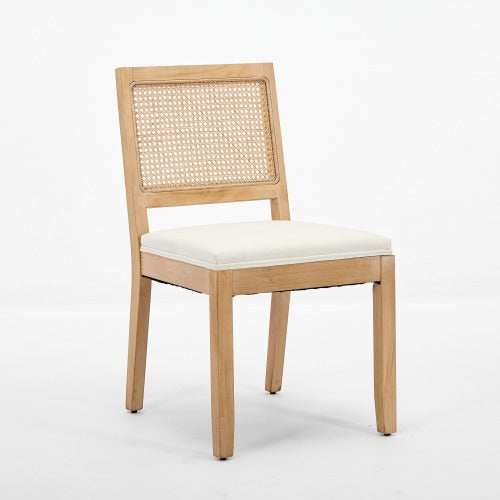 Set of 2 Beige Farmhouse Cane Rattan Dining Chairs, Distressed Solid Hardwood Frame Linen Upholstered Side Chairs 300 LBS Load