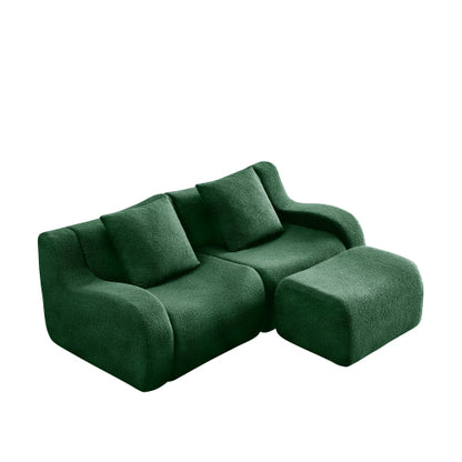 Green L-Shaped 2-Seat Boneless Teddy-Fabric Modular Sofa Curved Armrest No-Assembly Non-Slip