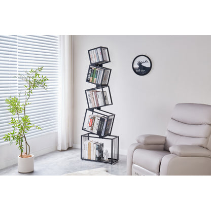 Black 5-Tier Geometric Metal Bookshelf Modern Slanted Design Space-Saving Living Room Office Storage Rack