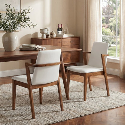 Set of 2 Mid-Century Modern Dining Armchairs, Beige PU Upholstery with Walnut Rubber Wood Frame