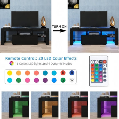 Black High Gloss UV LED TV Console, Flip Door Glass Shelf Stand for Up to 55 Inch TV