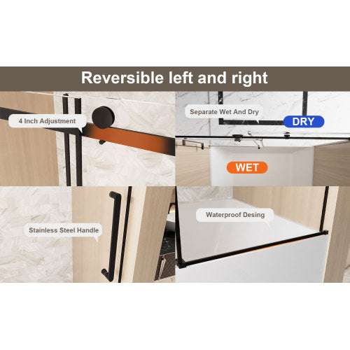 Frameless Single sliding shower door 56-60 "W x 60" H, 1/4 "(6 mm) Clear Tempered Glass, Explosion Proof Film, Stainless Steel Handle,Square Tube Track ,Matte Black